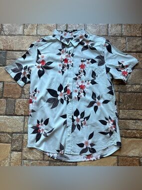 RVCA Men’s Short-Sleeve Floral Button-Up Shirt - Light Blue